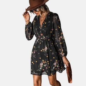 Women's Floral Long Peasant Sleeve Chiffon A-Line Mini Dress -‎ Cupshe Size S